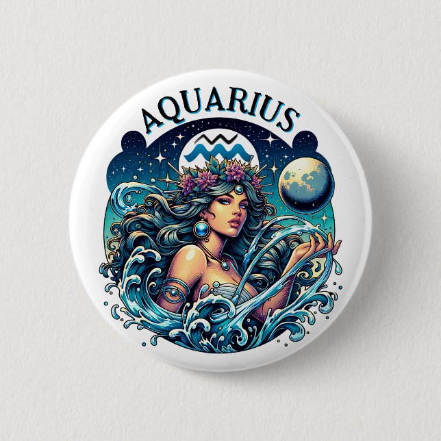 Bóton Redondo 5.08cm Aquarius Water Bearer Beautiful Woman Astrology  (Frente)