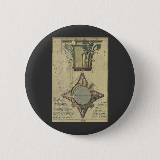 Bóton Redondo 5.08cm Arquitetura Antiga, Coroa de Capital Decorativa (Frente)