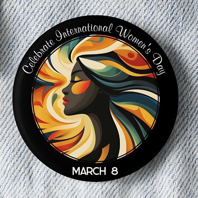 Bóton Redondo 5.08cm Art Deco celebra Dia Internacional da Mulher (Celebrate International Women's Day March 8 pinback button.)