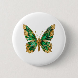 Bóton Redondo 5.08cm Art Pin Borboleta Folha de Ouro Verde Esmeralda