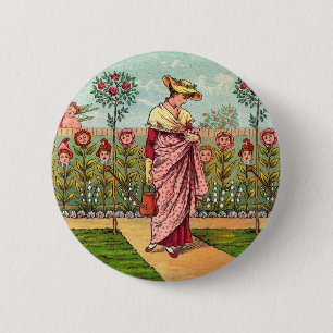 Bóton Redondo 5.08cm Arte Antiga Mulher Flor Jardim Crescer