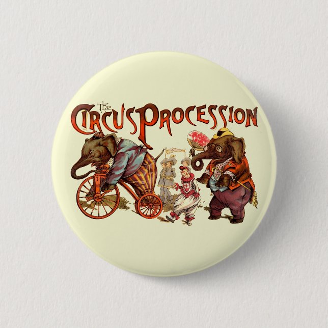 Bóton Redondo 5.08cm Arte Antiguária Elefante de Procissão Circus (Frente)