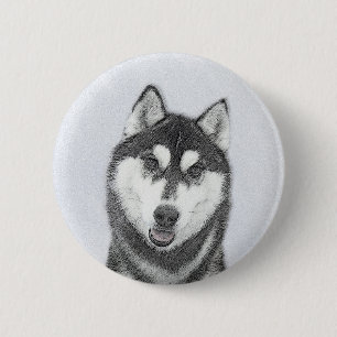 Bóton Redondo 5.08cm Arte de Cão Siberiana (Preto e Branco)