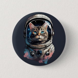 Bóton Redondo 5.08cm Arte em Aquarela de Gato Astronauta no Espaço
