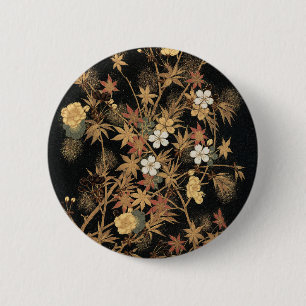Bóton Redondo 5.08cm Arte Floral Outonal em Preto e Dourado Japonês Vin