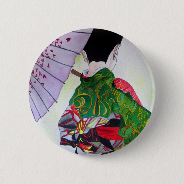 Bóton Redondo 5.08cm Arte japonesa Geisha com kimono e guarda-chuva (Frente)