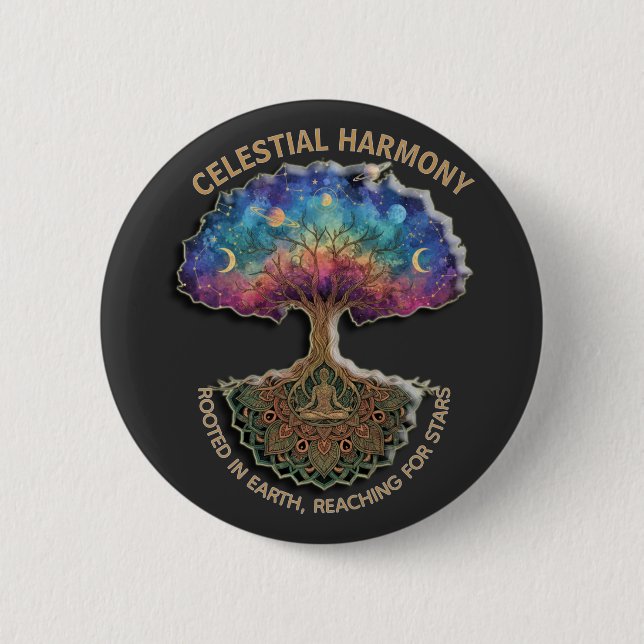 Bóton Redondo 5.08cm Árvore da Harmonia Celestial | Mandala de Meditaçã (Frente)