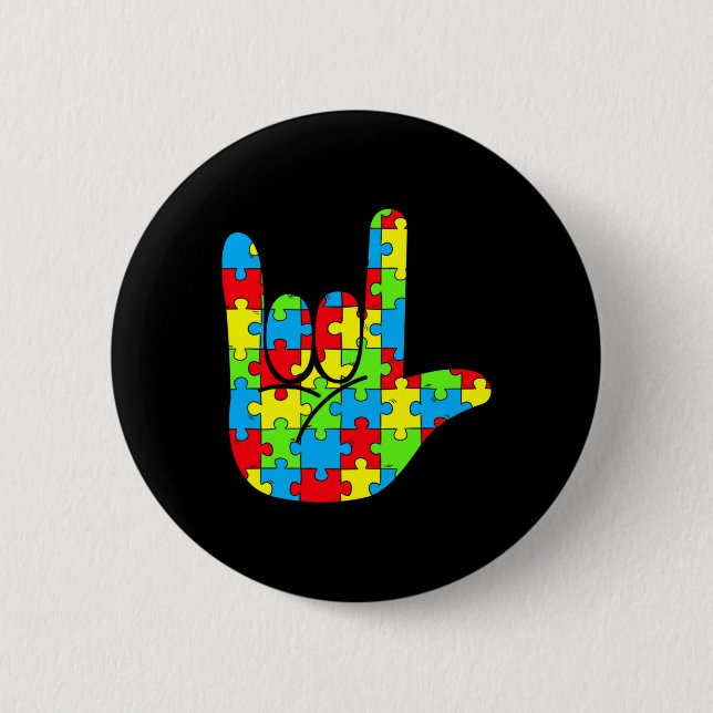Bóton Redondo 5.08cm ASL Love Sign Language Autismo Sensibilização (Frente)