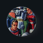 Bóton Redondo 5.08cm Astronautas Vintage Science Fiction consertando um<br><div class="desc">Ilustração vintage: aliens futuristas de ficção científica e imagem de robôs apresentando um homem trabalhando em seu robô metálico. Um astronauta é um piloto que controla os controles do seu foguete. Retro clássico com estilo cômico de 50 s design de ficção científica.</div>