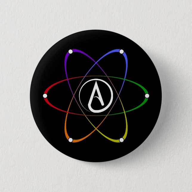 Bóton Redondo 5.08cm Atheist Atom Symbol Rainbow White (Frente)