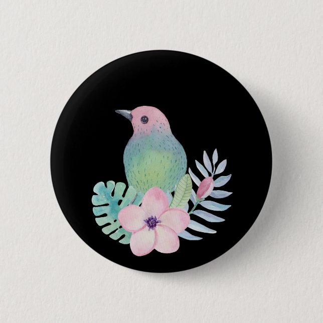Bóton Redondo 5.08cm Aves e Flores de Aquarela (Frente)