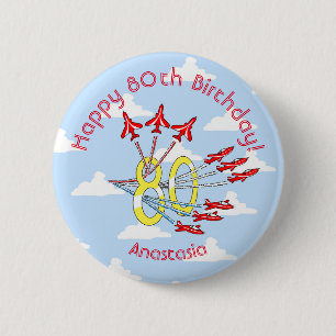 Bóton Redondo 5.08cm Aviões de Jato Vermelho - Crachá de Aniversário 80