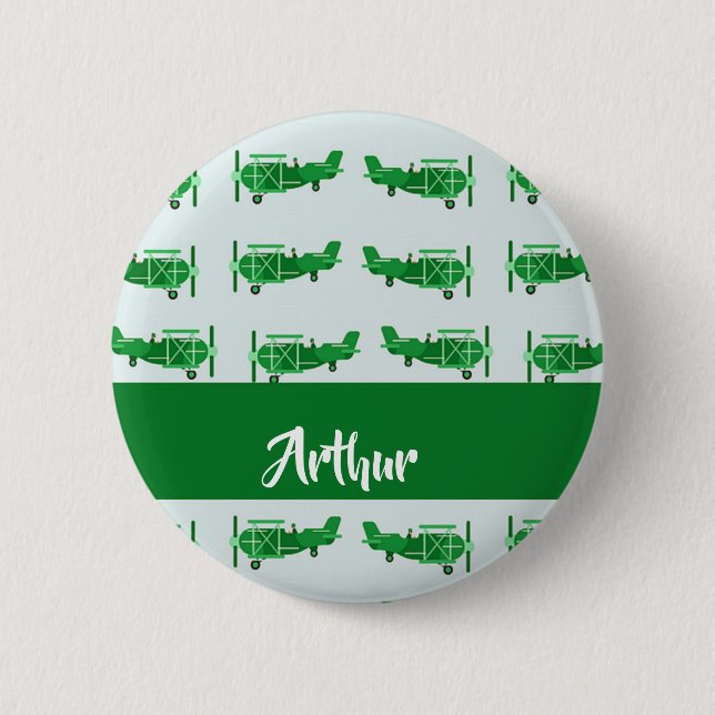 Bóton Redondo 5.08cm Aviões voadores verdes em azul (Frente)