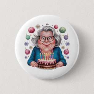 Bóton Redondo 5.08cm Avó engraçada olhando para o bolo de aniversário
