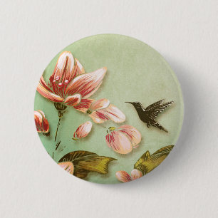 Bóton Redondo 5.08cm Azaleas cor-de-rosa Vintage em verde