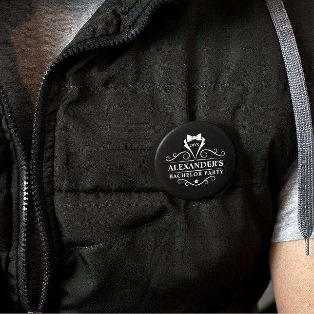 Bóton Redondo 5.08cm Bachelor Party Tuxedo Tie Black (Customize to change background color, text size or text style.)