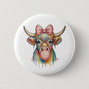 Bóton Redondo 5.08cm Balão de Goma Vaca Highland Laço Coquete Rosa