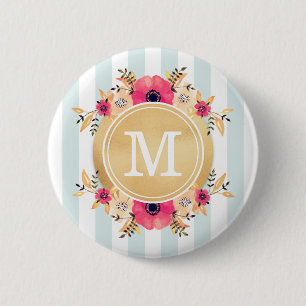 Bóton Redondo 5.08cm Bandas de menta Flores de Água Monograma Dourado 