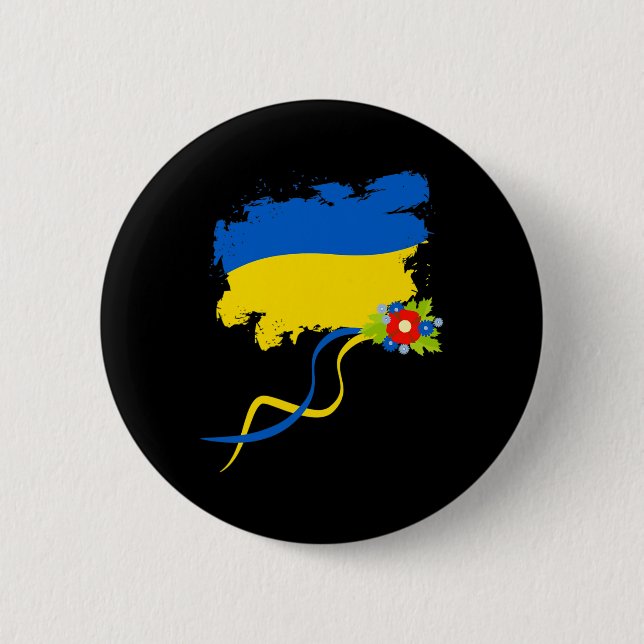 Bóton Redondo 5.08cm Bandeira da Ucrânia Com Flores Folclóricas Orgulho (Frente)