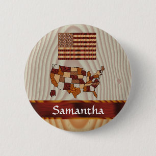 Bóton Redondo 5.08cm Bandeira e mapa americanos de madeira