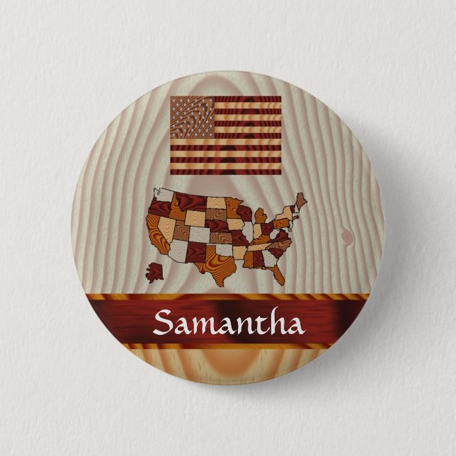 Bóton Redondo 5.08cm Bandeira e mapa americanos de madeira (Frente)