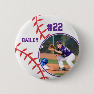 Bóton Redondo 5.08cm Basebol Nome do Pino Número da Camisa Roxo Foto