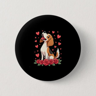 Bóton Redondo 5.08cm Beagle Fofo com Rosas Vermelhas Corações Floral Di