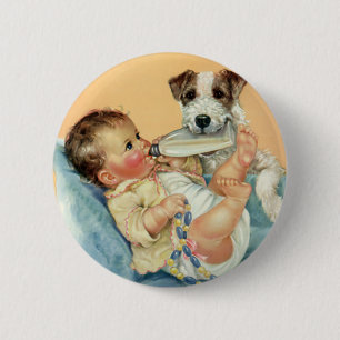 Bóton Redondo 5.08cm Bebé bonito do vintage com o cão da garrafa e de