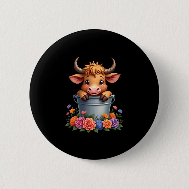 Bóton Redondo 5.08cm Bebê Fofo Vaca das Terras Altas Com flores Bezerro (Frente)