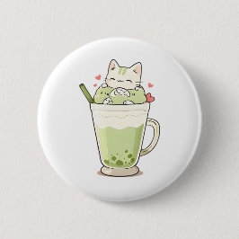 Bóton Redondo 5.08cm Bebida de Boba Matcha com Design Kawaii de Gato Fo