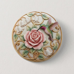 Bóton Redondo 5.08cm Beija-flor Vintage Rosa Floral Vitoriana