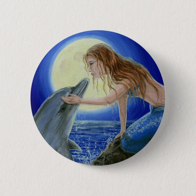 Bóton Redondo 5.08cm Beije-me botão da fantasia da sereia & do golfinho (Frente)
