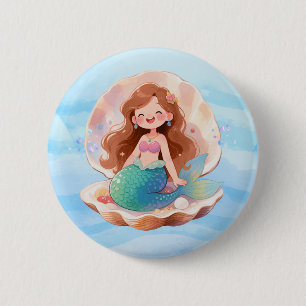 Bóton Redondo 5.08cm Belo Broche de Mermaid em Aquarela Sob o Mar