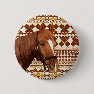 Bóton Redondo 5.08cm Belo Cavalo Marrom no Padrão Geométrico da Terra