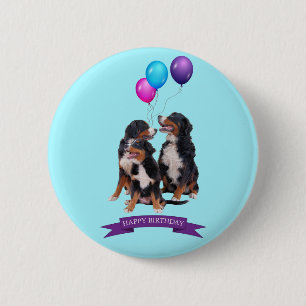 Bóton Redondo 5.08cm Bernese Mountain Dogs Feliz Aniversário
