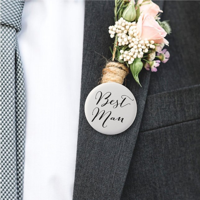Bóton Redondo 5.08cm Best Man Classic Calligraphy Wedding Bridal Party ('Best Man' Classic Script Calligraphy Wedding Rehearsal Pin Button @ fatfatin_blue_knot)