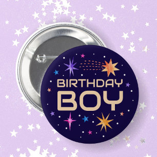 Bóton Redondo 5.08cm Birthday Boy Outer Space Stars Dark Purple