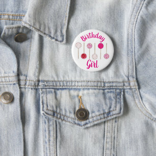 Bóton Redondo 5.08cm Birthday Girl Pink Frosted Cake Pop Sprinkles