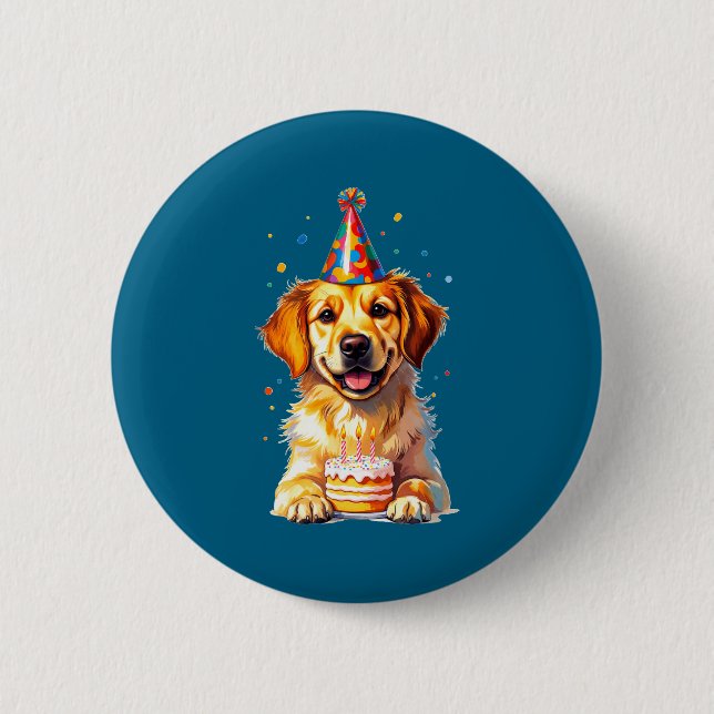 Bóton Redondo 5.08cm Birthday Golden Retriever, Party Dog  (Frente)