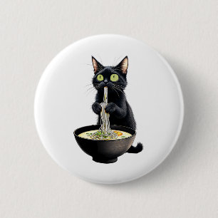 Bóton Redondo 5.08cm Black Cat Eating Ramen Noodles Japonês Comida