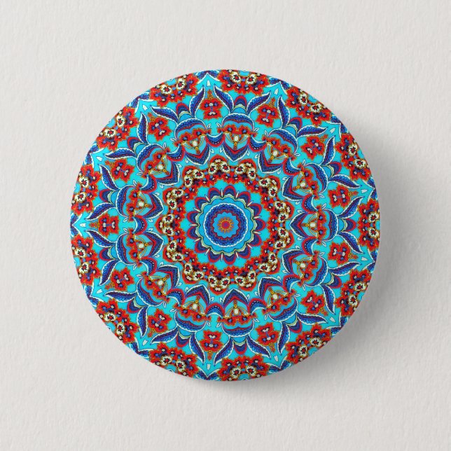 Bóton Redondo 5.08cm Blue Teaf Floral Mandala Boho (Frente)