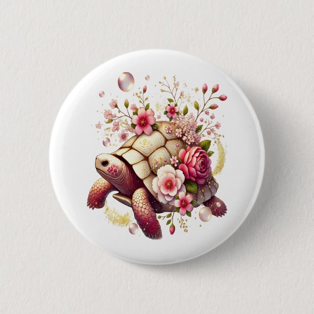 Bóton Redondo 5.08cm Boho Floral Sea Turtle Pink Flor (Frente)