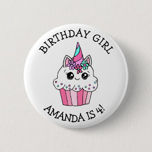 Bóton Redondo 5.08cm Bolo de Aniversário de Menina Unicórnio