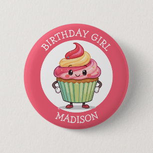 Bóton Redondo 5.08cm Bolo de Aniversário Personalizado Rosa Fofo para M