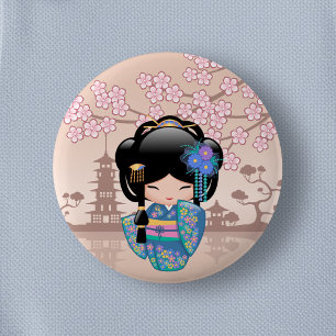 Bóton Redondo 5.08cm Boneca de Keiko Kokeshi - menina de gueixa azul do