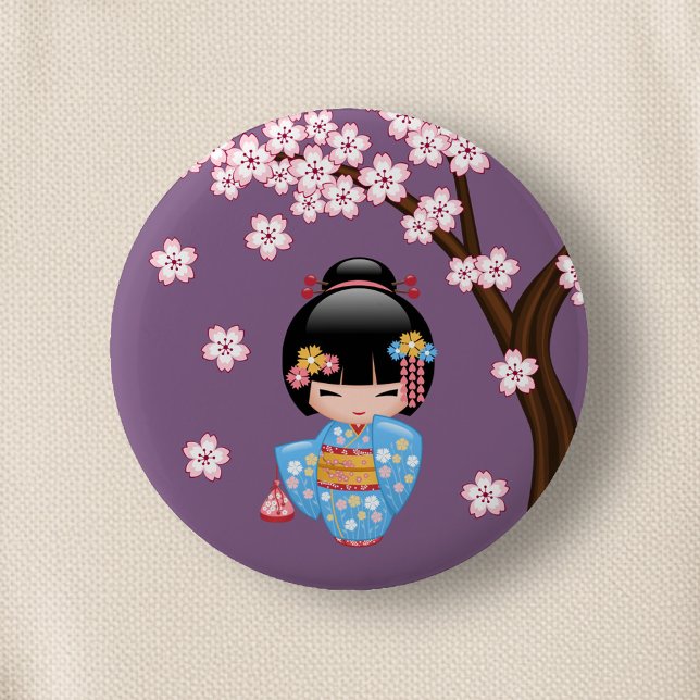 Bóton Redondo 5.08cm Boneca Maiko Kokeshi - Rapariga Kimono Geisha Azul (Criador carregado)