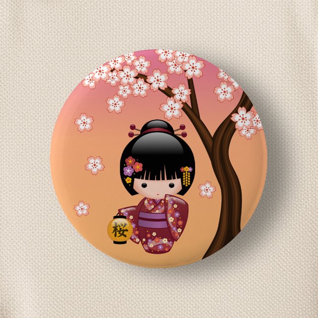 Bóton Redondo 5.08cm Boneca Sakura Kokeshi - Garota Geisha em Pêssego (Criador carregado)