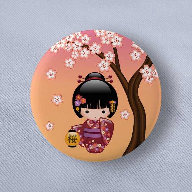 Bóton Redondo 5.08cm Boneca Sakura Kokeshi - Garota Geisha em Pêssego (Criador carregado)