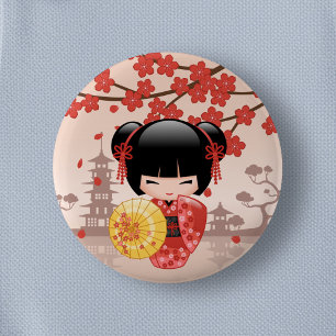 Bóton Redondo 5.08cm Boneca vermelha de Sakura Kokeshi - gueixa