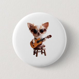 Bóton Redondo 5.08cm bonitinho chihuahua tocando guitarra erguida fu